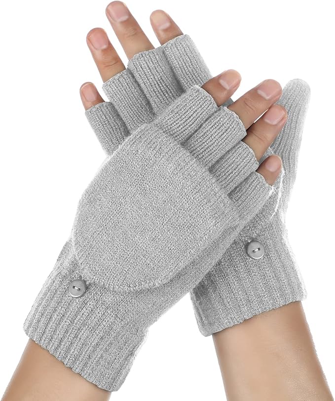 Achiou Convertible Mittens Fingerless Gloves for Men and Women, Thermal Knit Touchscreen Gloves with Flip Cover