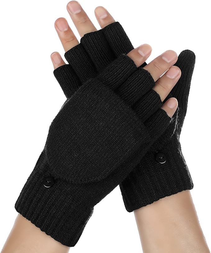 Achiou Convertible Mittens Fingerless Gloves for Men and Women, Thermal Knit Touchscreen Gloves with Flip Cover