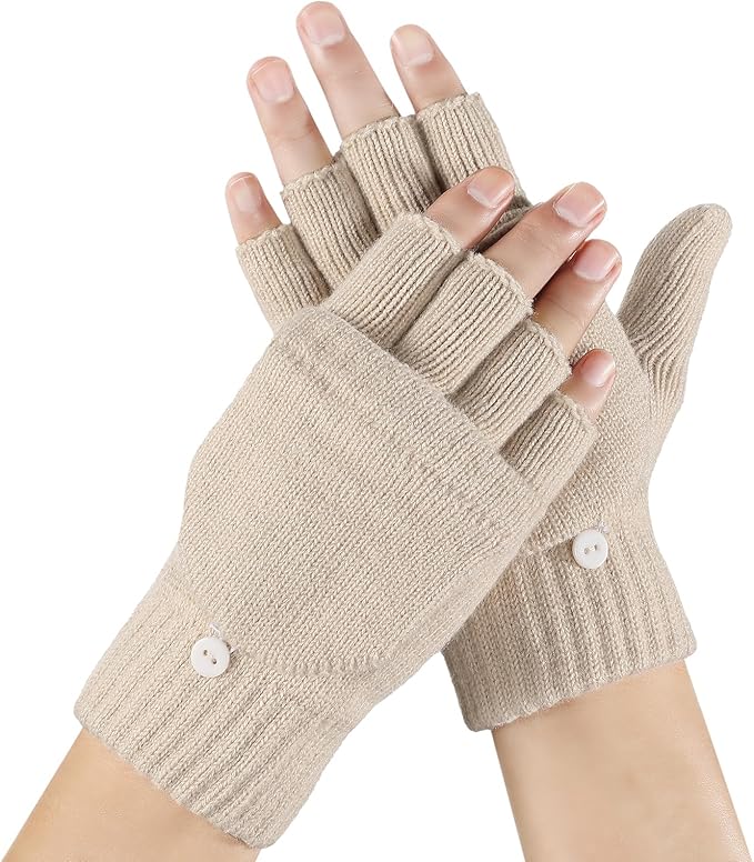 Achiou Convertible Mittens Fingerless Gloves for Men and Women, Thermal Knit Touchscreen Gloves with Flip Cover