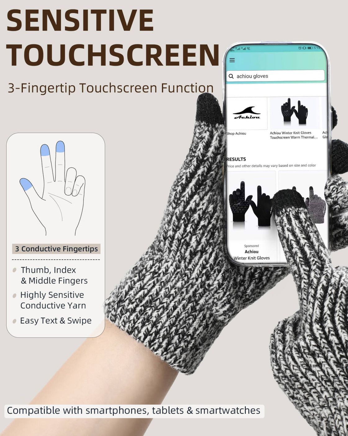 Achiou Winter Gloves for Men Women, Thermal Fleece Lined Touchscreen Knit