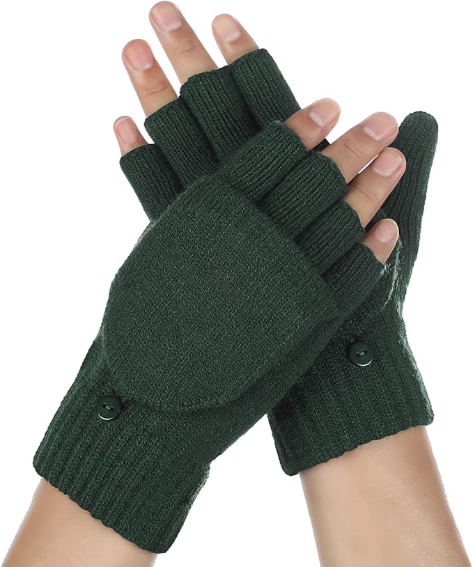 Achiou Convertible Mittens Fingerless Gloves for Men and Women, Thermal Knit Touchscreen Gloves with Flip Cover