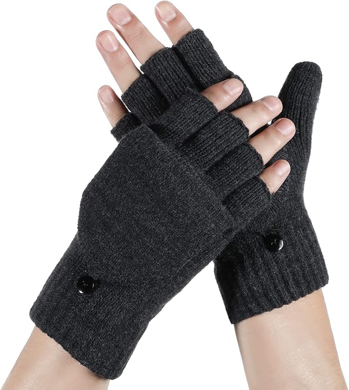 Achiou Convertible Mittens Fingerless Gloves for Men and Women, Thermal Knit Touchscreen Gloves with Flip Cover