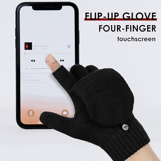 Achiou Convertible Mittens Fingerless Gloves for Men and Women, Thermal Knit Touchscreen Gloves with Flip Cover