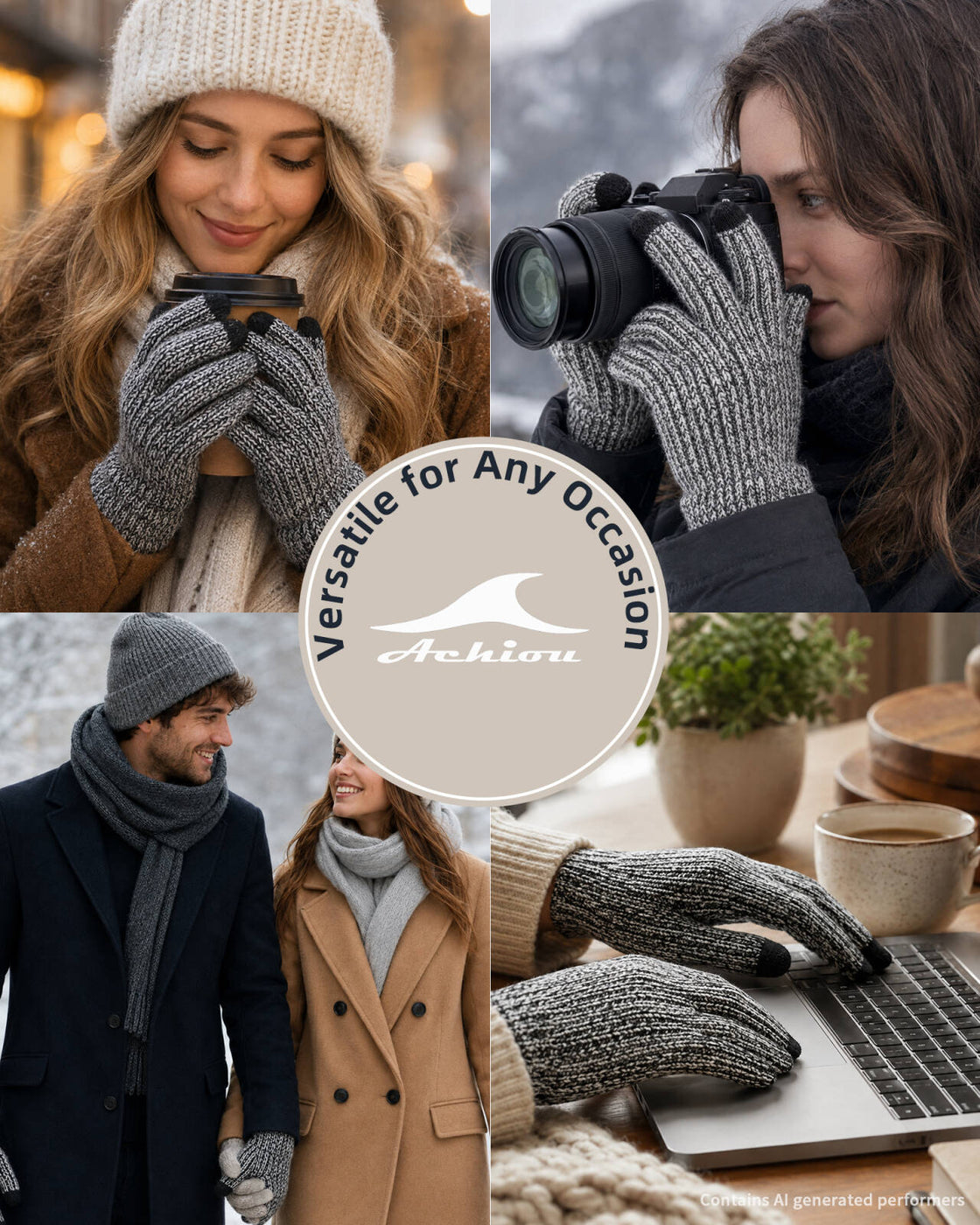 Achiou Winter Gloves for Men Women, Thermal Fleece Lined Touchscreen Knit